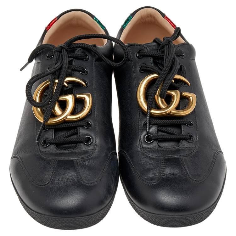 Pre Owned Gucci Black Leather GG Marmont Embellished Lace Up Sneakers Size 41.5
