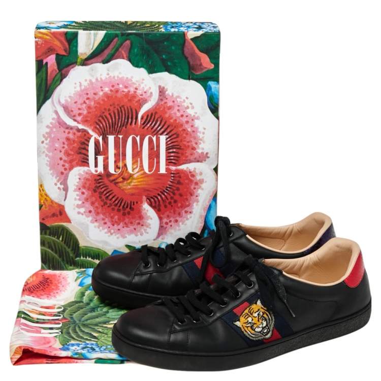 Pre Owned Gucci Black Leather Ace Embroidered Tiger Low Top Sneakers Size 46