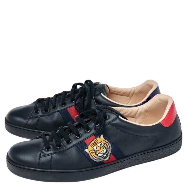 Pre Owned Gucci Black Leather Ace Embroidered Tiger Low Top Sneakers Size 46
