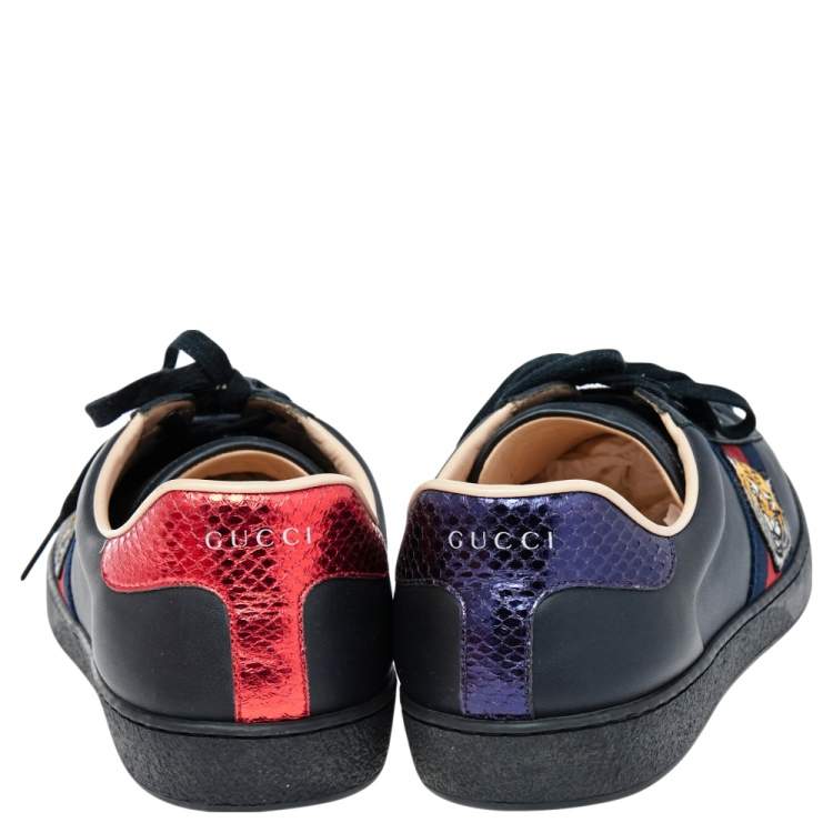 Pre Owned Gucci Black Leather Ace Embroidered Tiger Low Top Sneakers Size 46