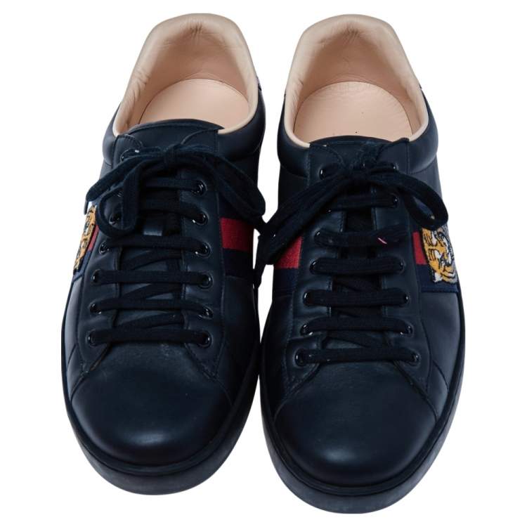 Pre Owned Gucci Black Leather Ace Embroidered Tiger Low Top Sneakers Size 46