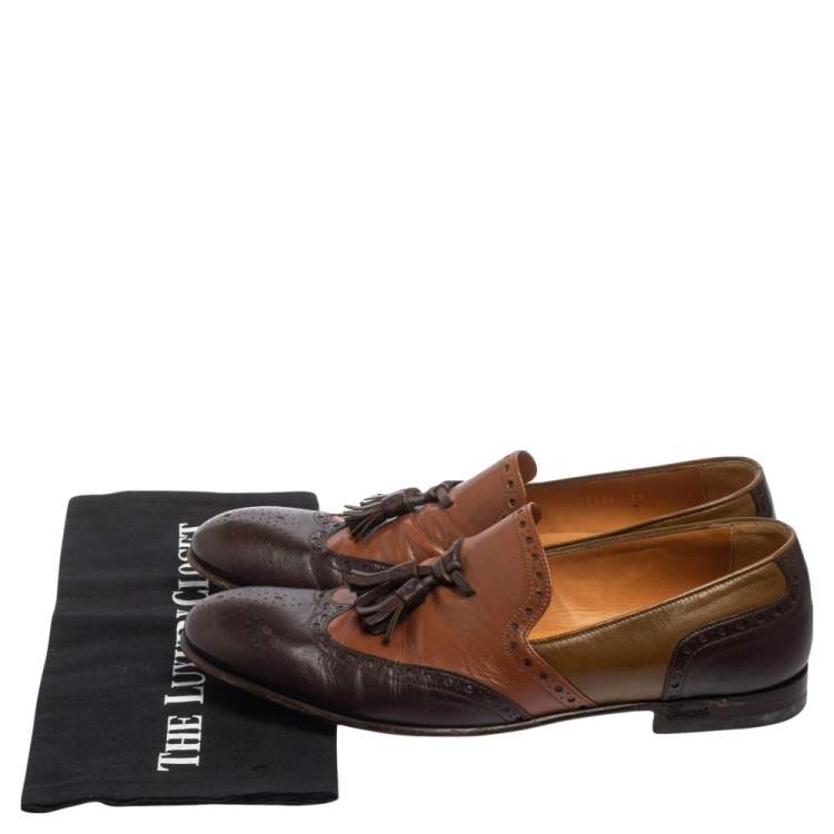 Pre Owned Gucci Brown Brogue Leather Tassel Detail Loafers Size 41.5