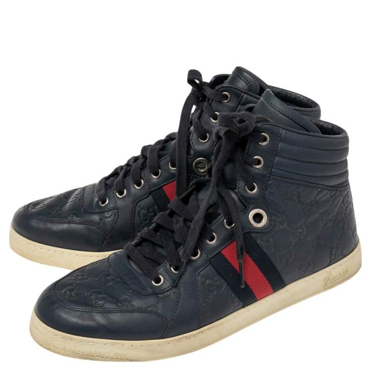Pre Owned Gucci Navy Blue Guccissima Leather Web Detail High Top Sneakers Size 42