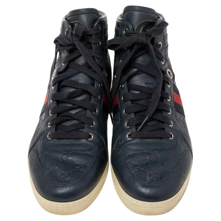 Pre Owned Gucci Navy Blue Guccissima Leather Web Detail High Top Sneakers Size 42