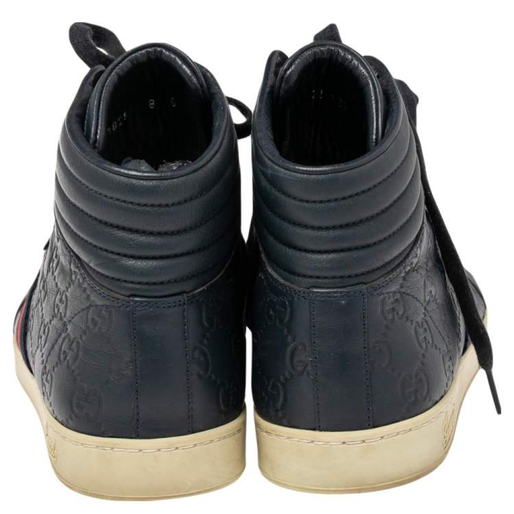 Pre Owned Gucci Navy Blue Guccissima Leather Web Detail High Top Sneakers Size 42