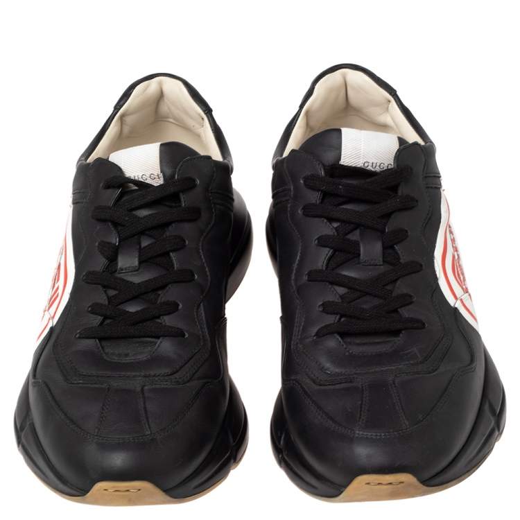 Pre Owned Gucci Black Leather Logo Print Rhyton Low Top Sneakers Size 46