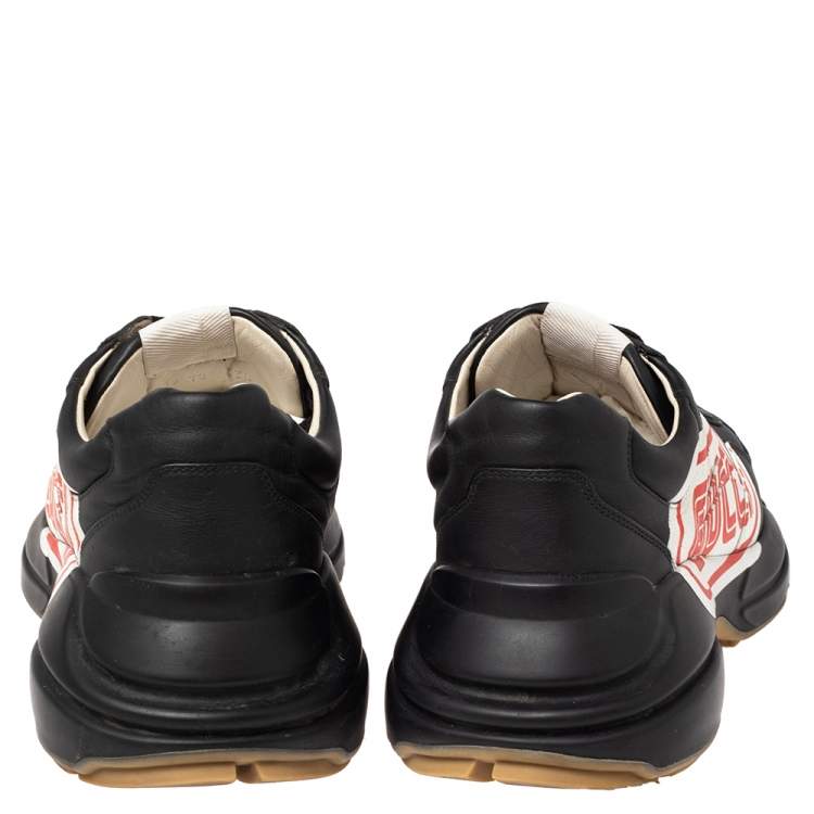 Pre Owned Gucci Black Leather Logo Print Rhyton Low Top Sneakers Size 46