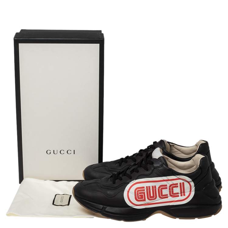 Pre Owned Gucci Black Leather Logo Print Rhyton Low Top Sneakers Size 46