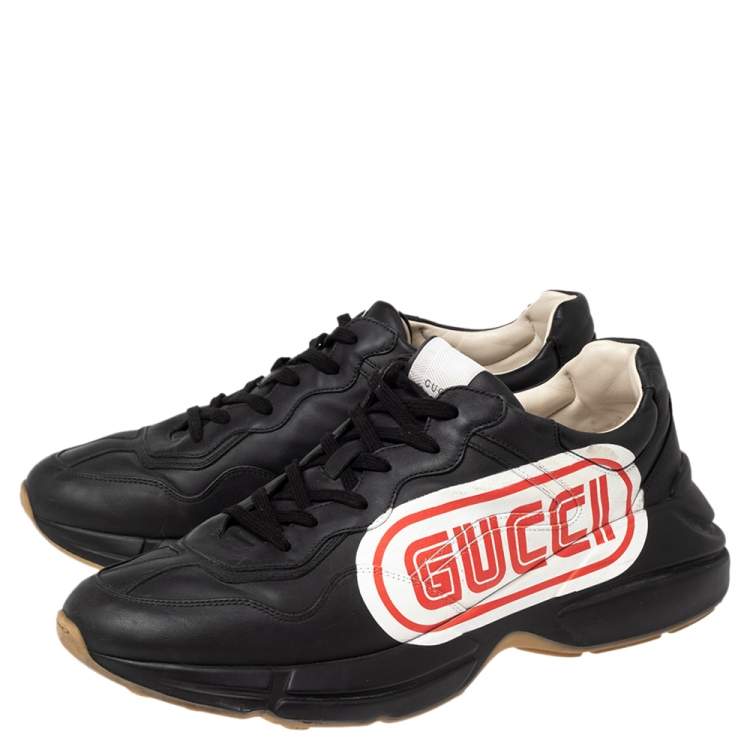 Pre Owned Gucci Black Leather Logo Print Rhyton Low Top Sneakers Size 46