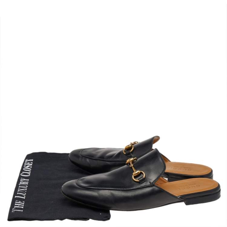 Pre Owned Gucci Black Leather Princetown Horsebit Mules Size 41.5