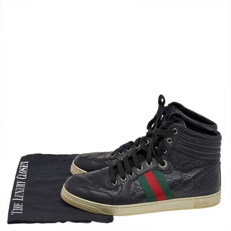 Pre Owned Gucci Black Guccissima Leather Web Detail High Top Sneakers Size 40.5
