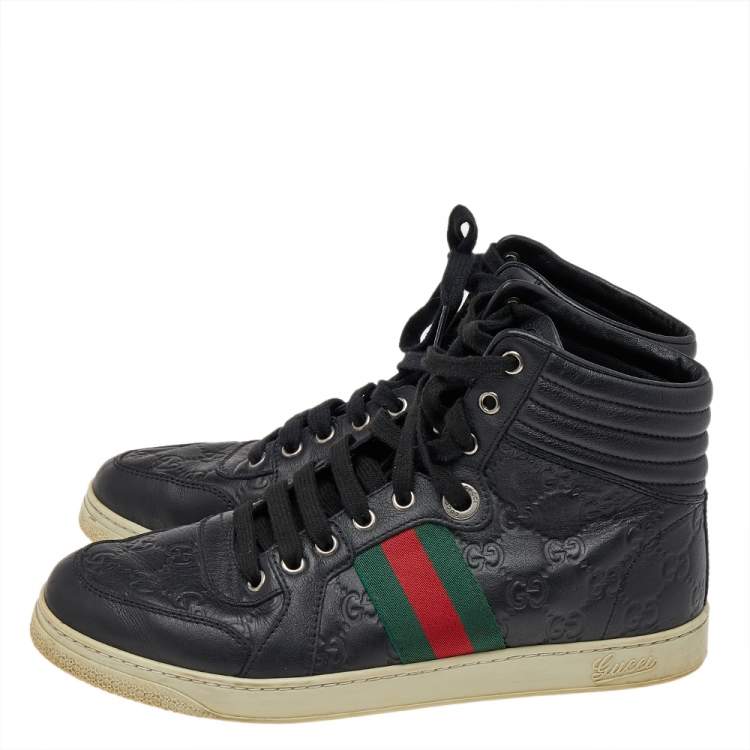 Pre Owned Gucci Black Guccissima Leather Web Detail High Top Sneakers Size 40.5