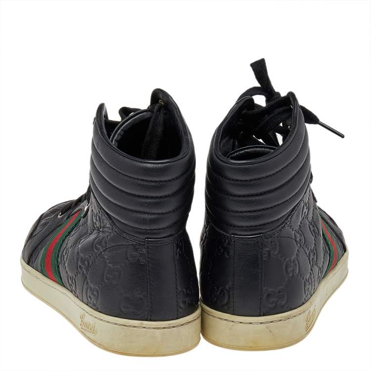 Pre Owned Gucci Black Guccissima Leather Web Detail High Top Sneakers Size 40.5