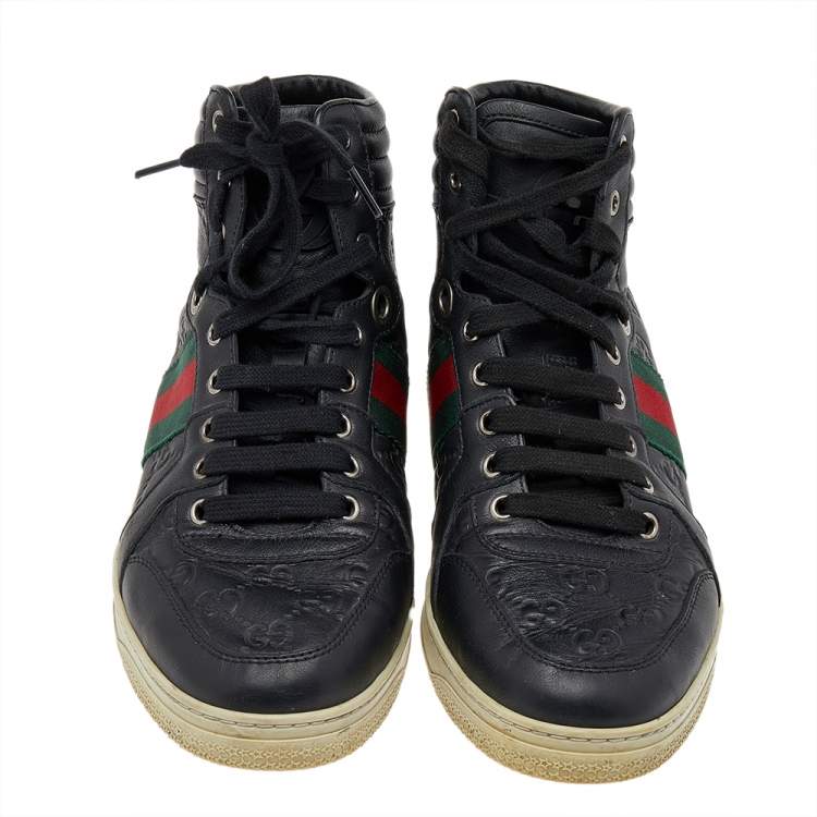 Pre Owned Gucci Black Guccissima Leather Web Detail High Top Sneakers Size 40.5