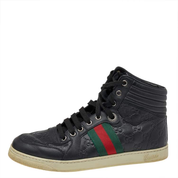 Pre Owned Gucci Black Guccissima Leather Web Detail High Top Sneakers Size 40.5