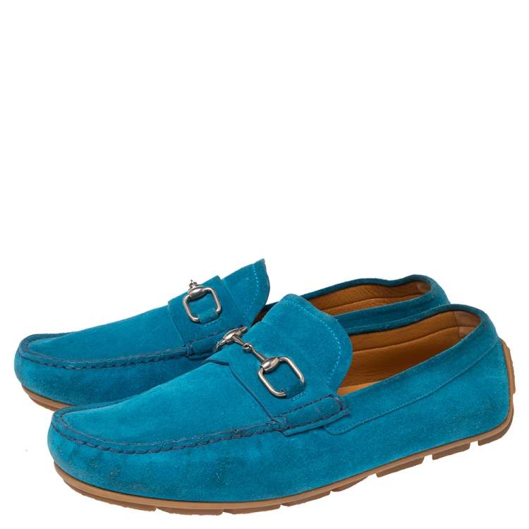 Pre Owned Gucci Blue Suede Horsebit Loafers Size 42.5