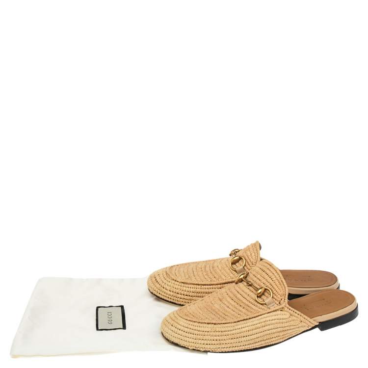 Pre Owned Gucci Beige Raffia Princetown Horsebit Mule Sandals Size 40