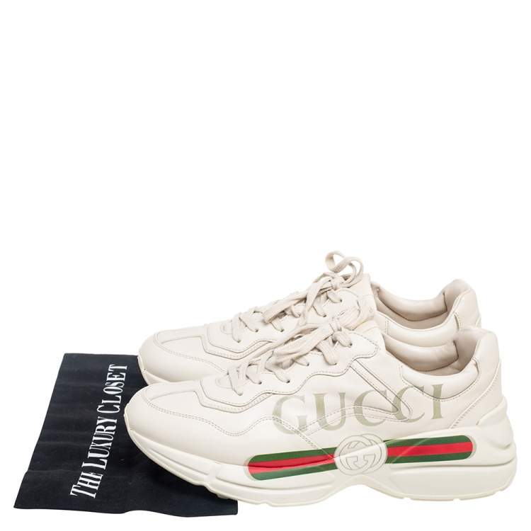 Pre Owned Gucci Cream Leather Rhyton Logo Low Top Sneakers Size 43