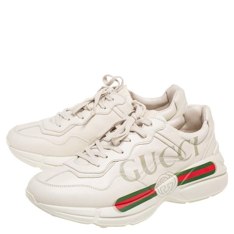 Pre Owned Gucci Cream Leather Rhyton Logo Low Top Sneakers Size 43