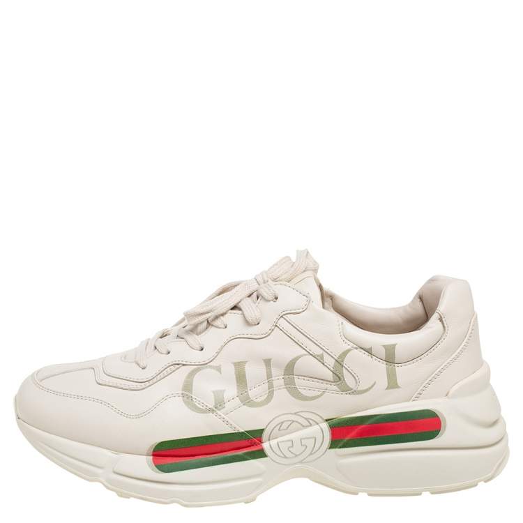 Pre Owned Gucci Cream Leather Rhyton Logo Low Top Sneakers Size 43