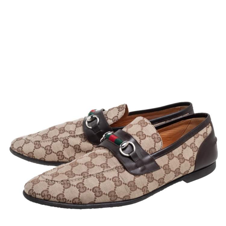 Pre Owned Gucci Brown/Beige GG Canvas And Leather Horsebit Web Slip On Loafers Size 44.5