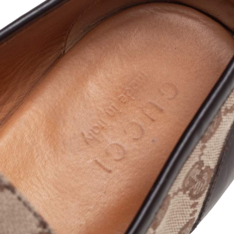 Pre Owned Gucci Brown/Beige GG Canvas And Leather Horsebit Web Slip On Loafers Size 44.5