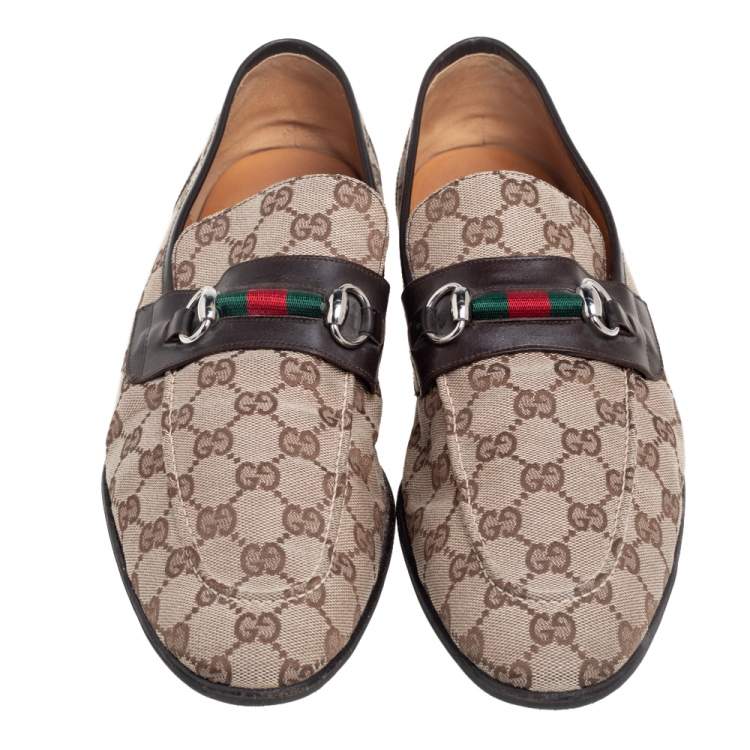 Pre Owned Gucci Brown/Beige GG Canvas And Leather Horsebit Web Slip On Loafers Size 44.5