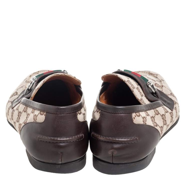 Pre Owned Gucci Brown/Beige GG Canvas And Leather Horsebit Web Slip On Loafers Size 44.5