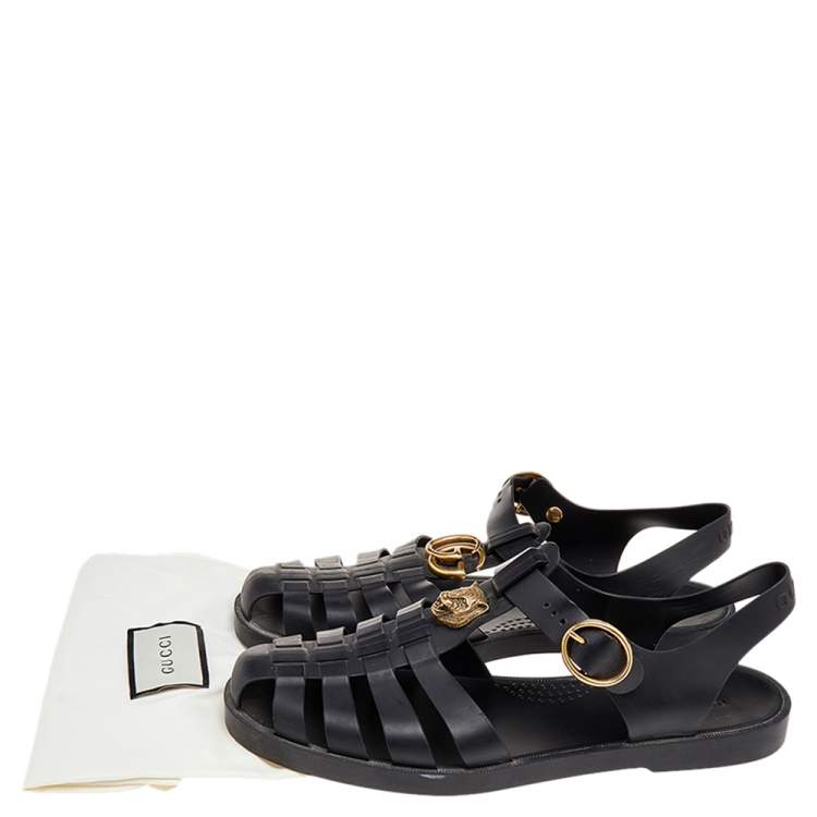 Pre Owned Gucci Black Rubber GG Marmont And Tiger Embellished Buckle Strap Sandals Size 42