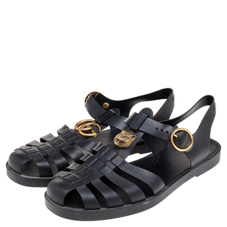 Pre Owned Gucci Black Rubber GG Marmont And Tiger Embellished Buckle Strap Sandals Size 42