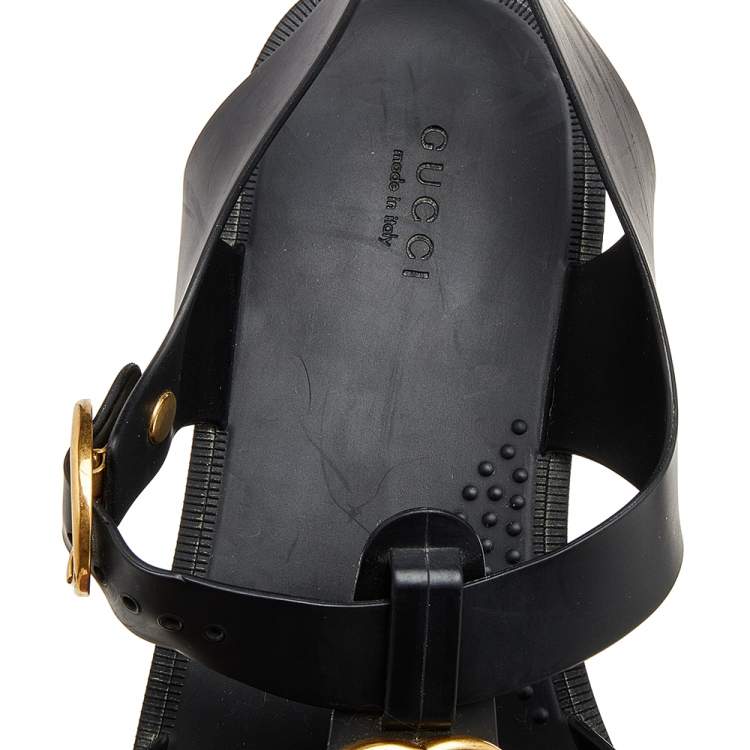 Pre Owned Gucci Black Rubber GG Marmont And Tiger Embellished Buckle Strap Sandals Size 42