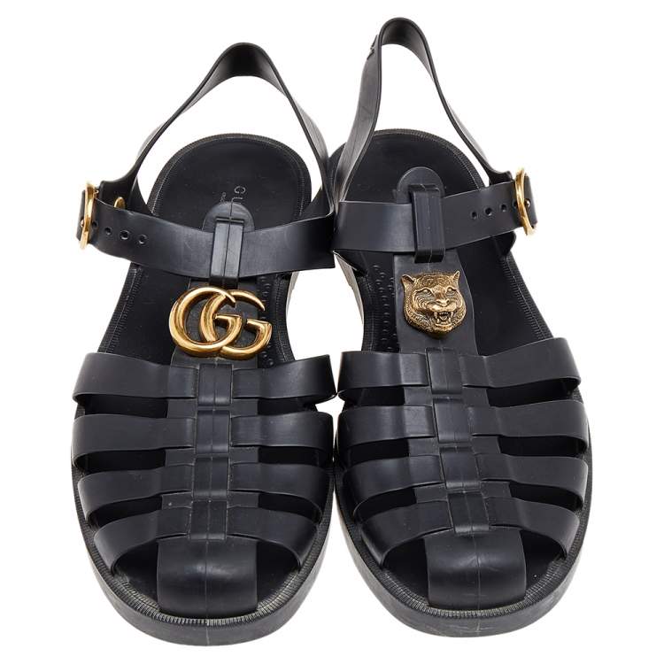 Pre Owned Gucci Black Rubber GG Marmont And Tiger Embellished Buckle Strap Sandals Size 42