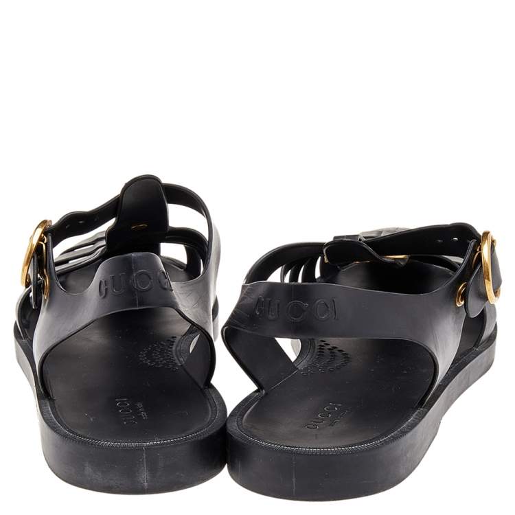Pre Owned Gucci Black Rubber GG Marmont And Tiger Embellished Buckle Strap Sandals Size 42