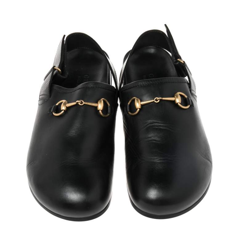 Pre Owned Gucci Black Leather River Sling Horsebit Mule Sandals Size 45