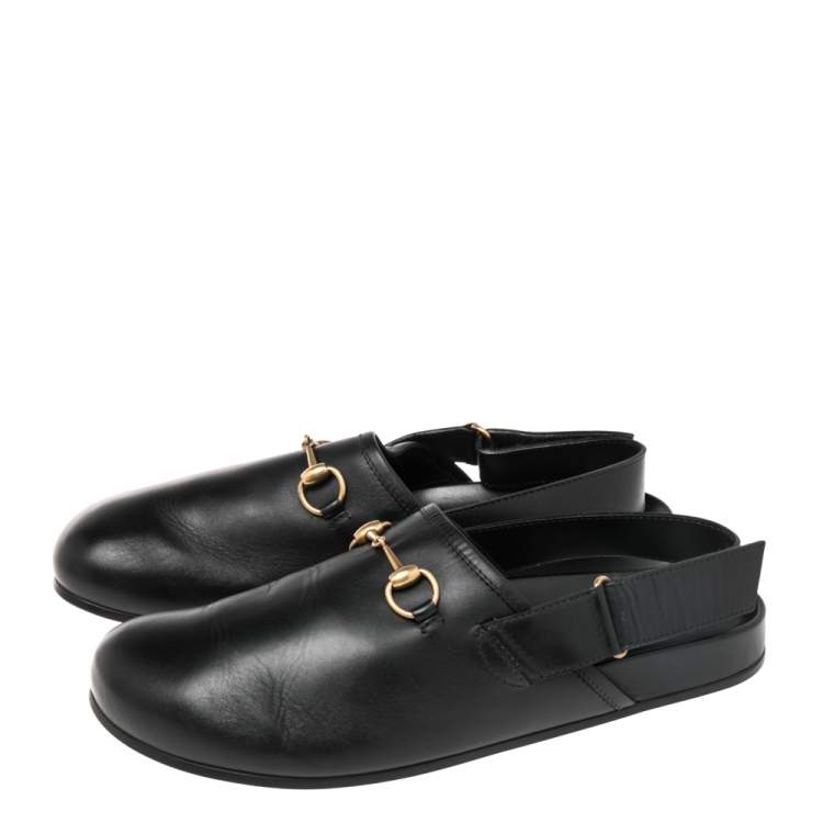 Pre Owned Gucci Black Leather River Sling Horsebit Mule Sandals Size 45