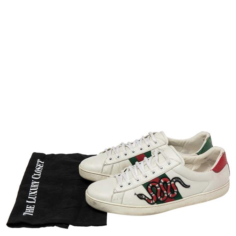 Pre Owned Gucci White Leather Ace Embroidered Snake Low Top Sneakers Size 44