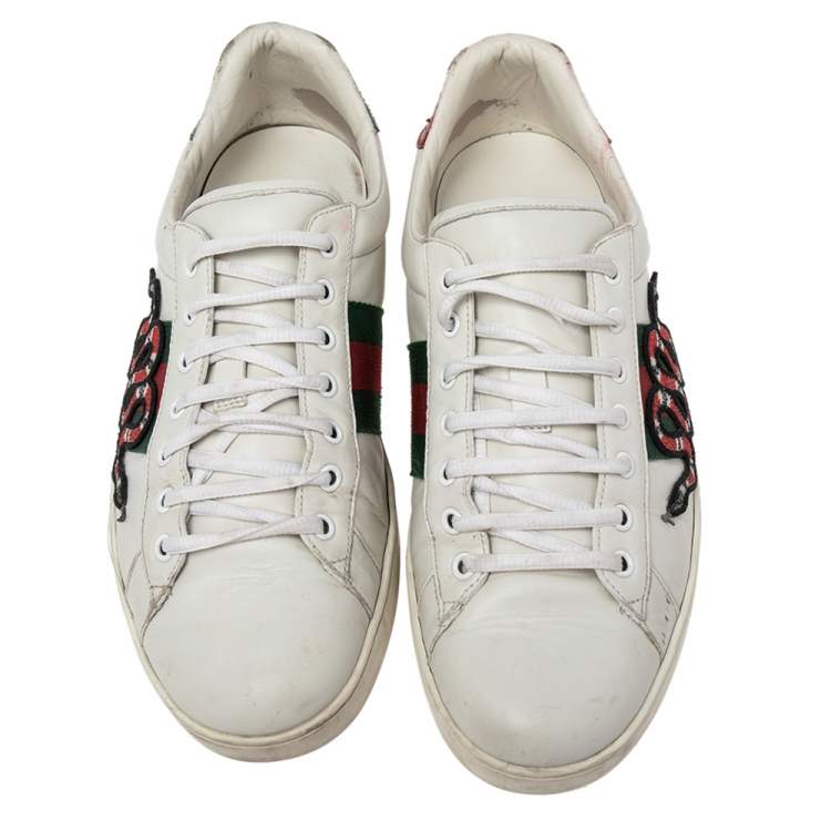 Pre Owned Gucci White Leather Ace Embroidered Snake Low Top Sneakers Size 44