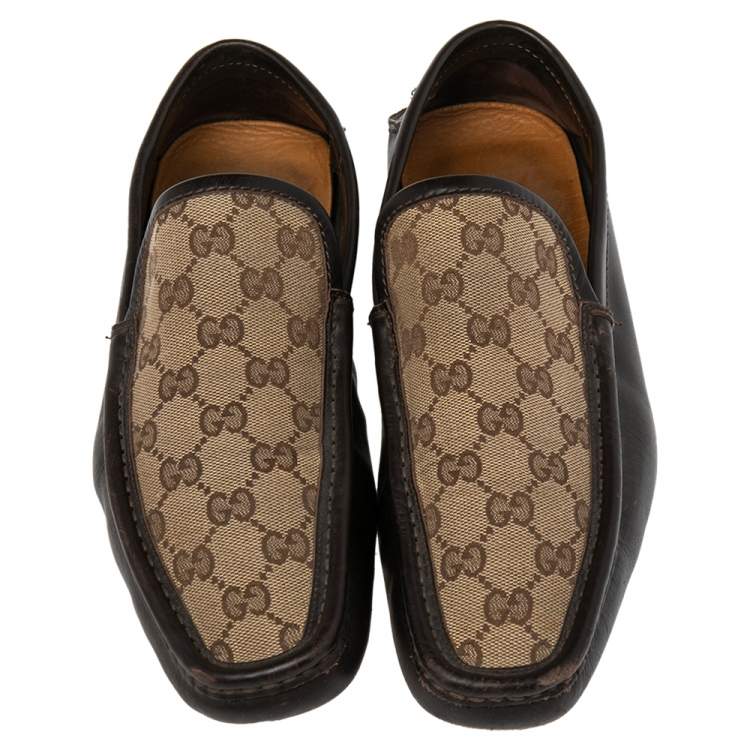 Pre Owned Gucci Brown/Beige GG Canvas And Leather Slip On Loafers Size 42.5