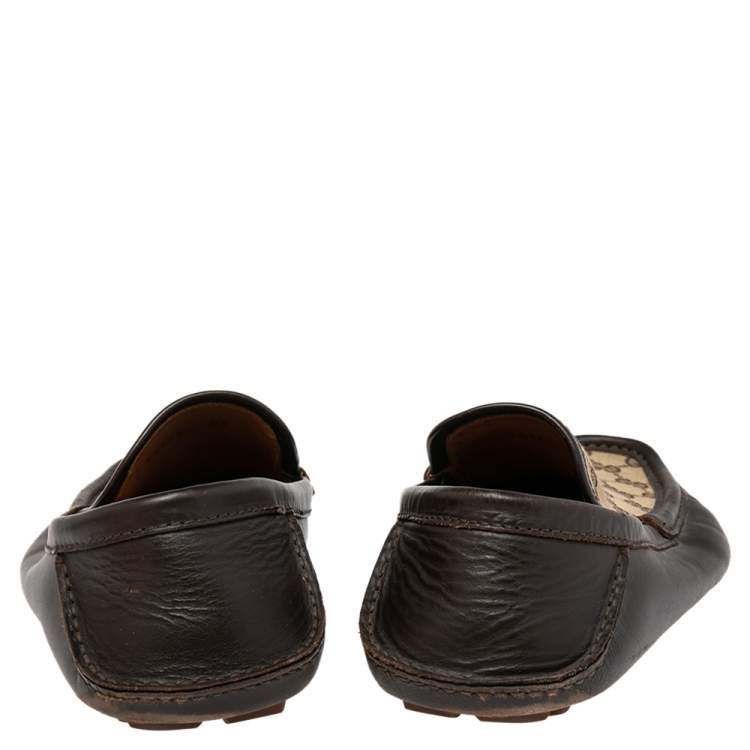 Pre Owned Gucci Brown/Beige GG Canvas And Leather Slip On Loafers Size 42.5