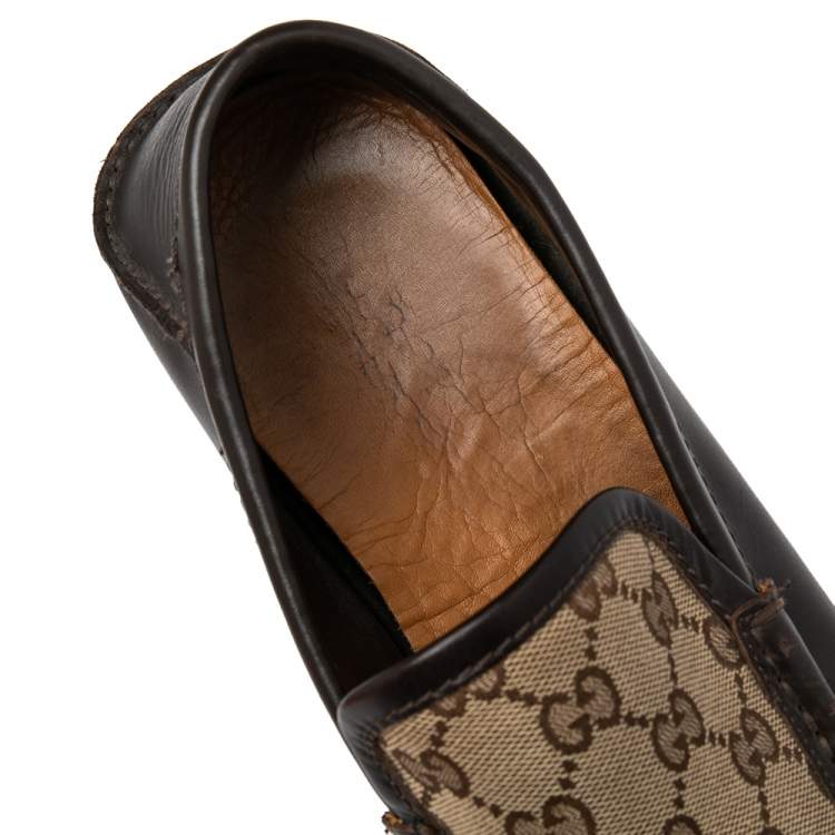 Pre Owned Gucci Brown/Beige GG Canvas And Leather Slip On Loafers Size 42.5