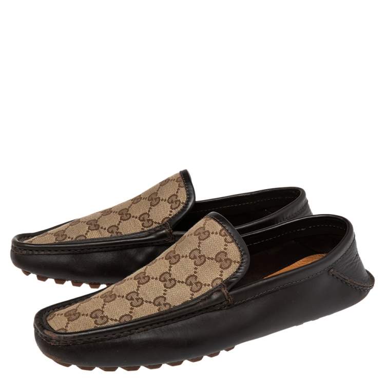 Pre Owned Gucci Brown/Beige GG Canvas And Leather Slip On Loafers Size 42.5