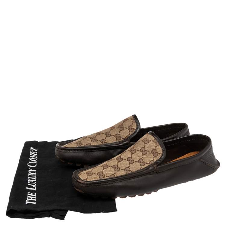 Pre Owned Gucci Brown/Beige GG Canvas And Leather Slip On Loafers Size 42.5