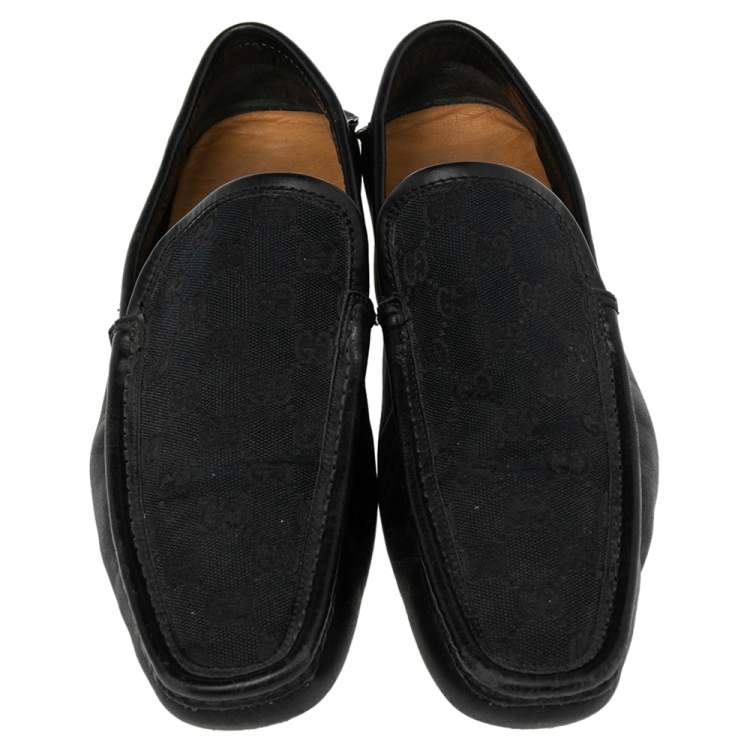 Pre Owned Gucci Blue/Black Leather and GG Canvas Slip On Loafers Size 42.5