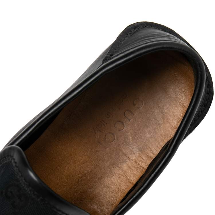 Pre Owned Gucci Blue/Black Leather and GG Canvas Slip On Loafers Size 42.5