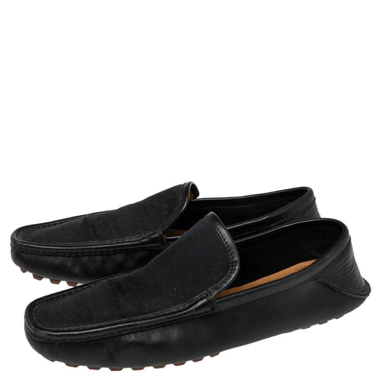 Pre Owned Gucci Blue/Black Leather and GG Canvas Slip On Loafers Size 42.5