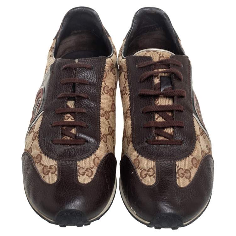 Pre Owned Gucci Brown/Beige GG Canvas and Leather Interlocking G Sneakers Size 43.5