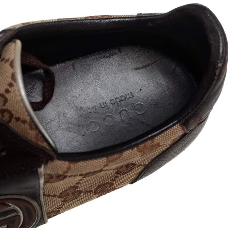Pre Owned Gucci Brown/Beige GG Canvas and Leather Interlocking G Sneakers Size 43.5
