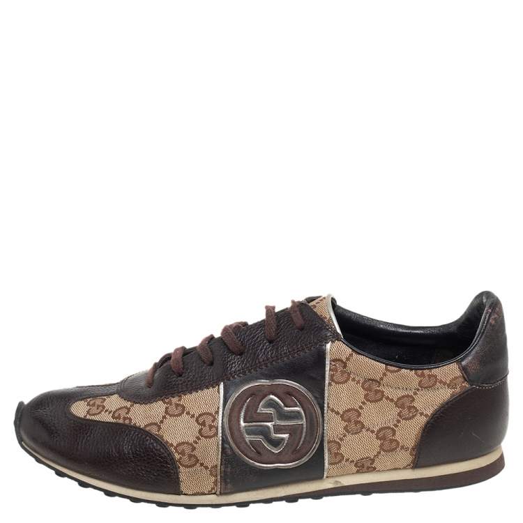 Pre Owned Gucci Brown/Beige GG Canvas and Leather Interlocking G Sneakers Size 43.5