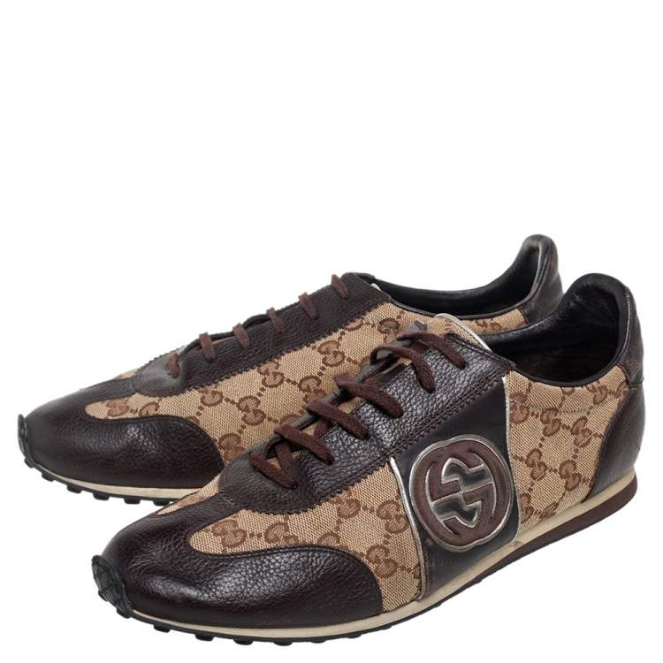 Pre Owned Gucci Brown/Beige GG Canvas and Leather Interlocking G Sneakers Size 43.5