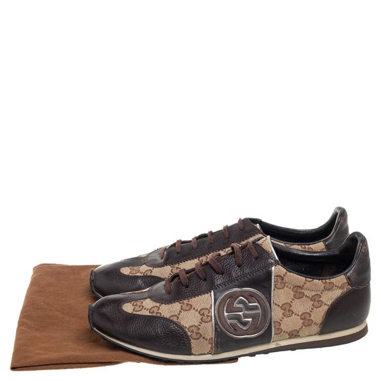Pre Owned Gucci Brown/Beige GG Canvas and Leather Interlocking G Sneakers Size 43.5